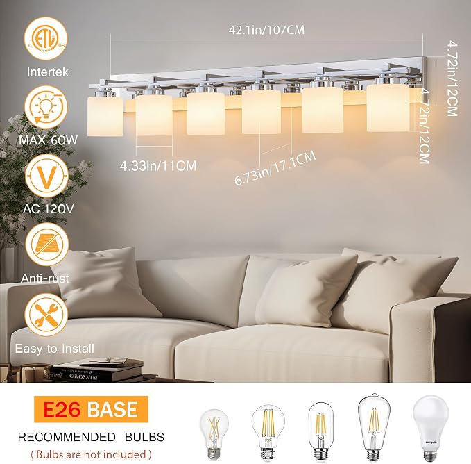 Modern Bathroom Light Fixtures Over Mirror, Vanity Lights for Bathroom Wall Sconces with Milky White Glass Shades, E26 Socket (Bulbs Not Included), 6 Light, Chrome