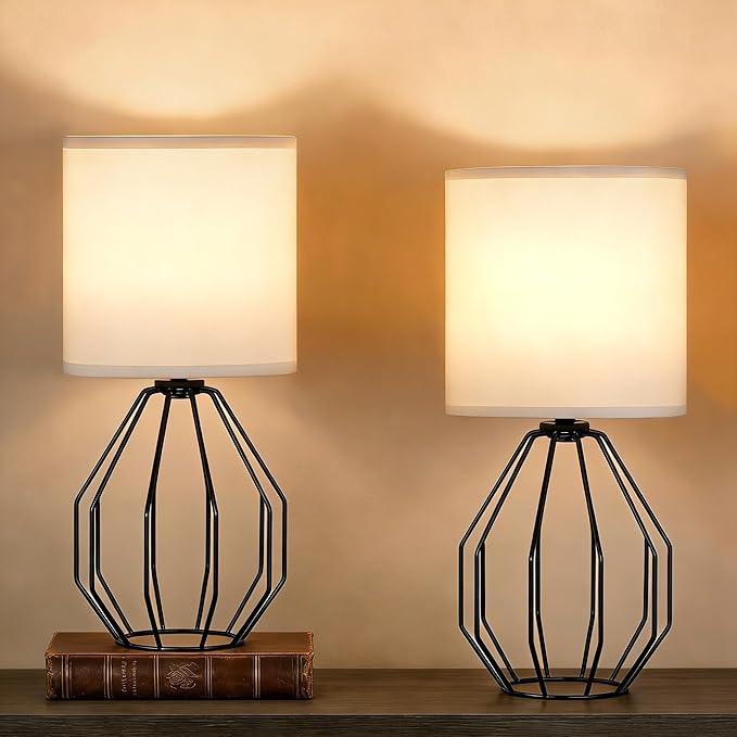 Small Table Lamp Set of 2 Black, Small Bedside Lamps, Cute Desk Lamps with Metal Cage & Linen Lampshade, Nightstand Lamps for Bedroom, Living Room, Kids Room, Office