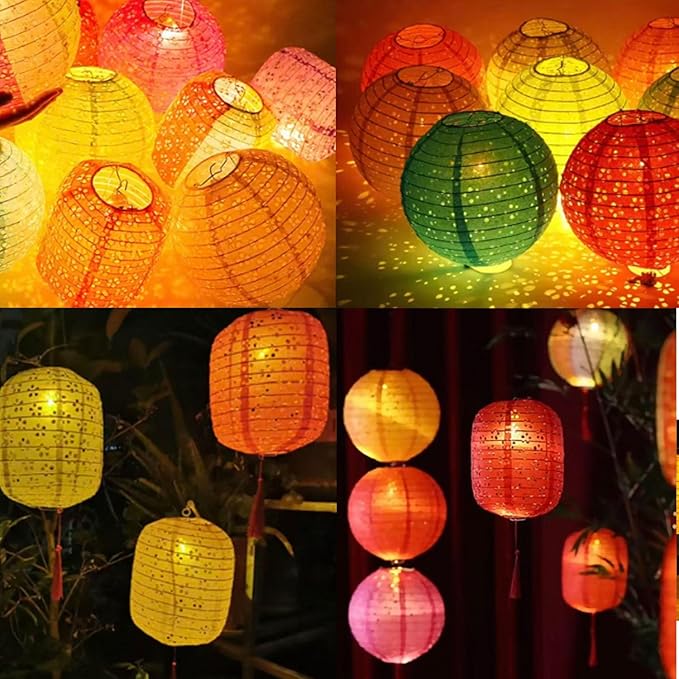 6Pcs Paper Lanterns Chinese Japanese Colorful Hanging Paper Lanterns with LED Lights 8inch Oval Decorative Asian Lanterns Lamps with Tassel Stick for Wedding Birthday Festival Party Decorations