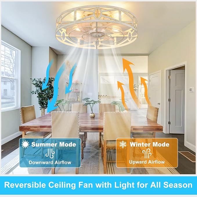 Depuley Flush Mount Ceiling Fan: 20" Caged Ceiling Fans with Remote Control for Patio Kitchen Bedroom - Low Profile Fandelier Lights Fixture Reversible 6 Speed Timer Cement 4*E26 Bulb Not Included