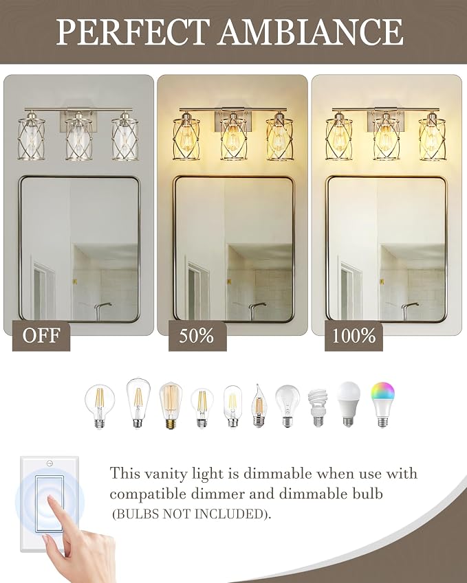 3-Light Brushed Nickel Bathroom Light Fixtures, 21 Inch Modern Bathroom Vanity Lighting Fixtures Over Mirror with Clear Glass and Metal Cage Wall Sconce Lights for Bath, E26, CH9176BN-3W