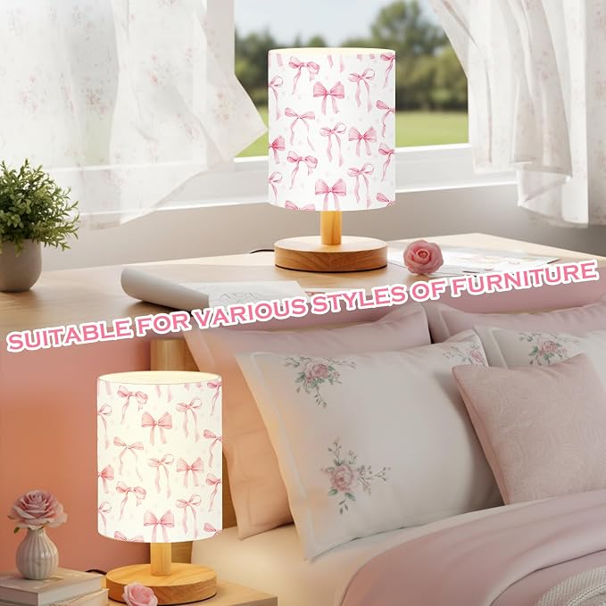 Bow Style Kids Table Lamp for Bedroom Kids Bedside Lamp with Linen Wooden Nightstand Cartoon Nursery Lampshade for Girls Boys Living Room