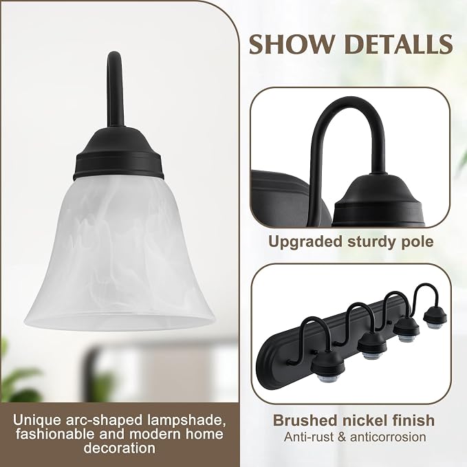 EJIAXIN 4-Light Bathroom Light Fixtures Over Mirror, Matte Black Modern Vanity Lights for Bathroom, Vanity Lighting Fixtures with E26 Base for Mirror Living Room Bedroom Cabinet