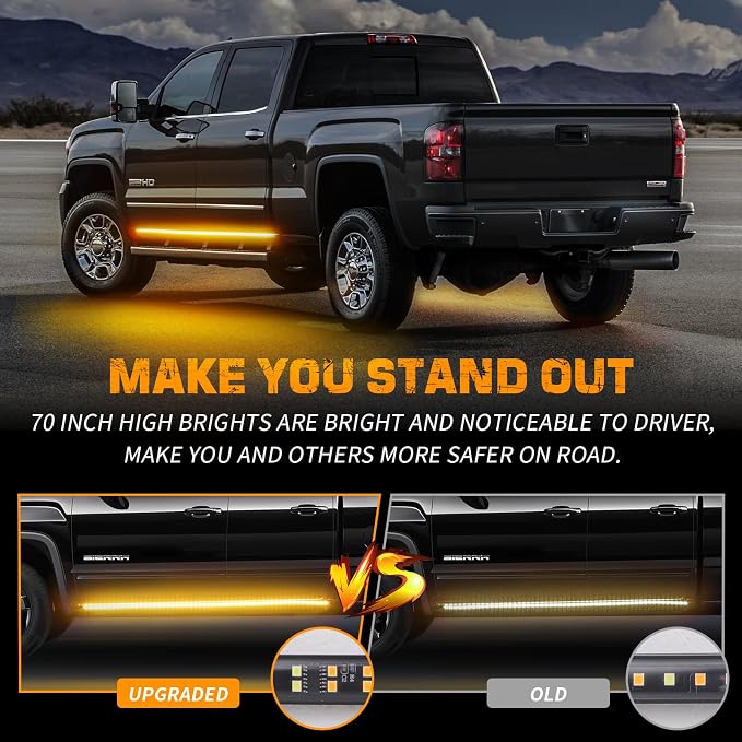 2PCS 70 inch Running Board Emergency Lights Amber Strobe Lights | 864 LED Exterior Flashing Warning Hazard Caution Safety Light Strip for Tow Plow Trucks Construction Vehicles Pickup