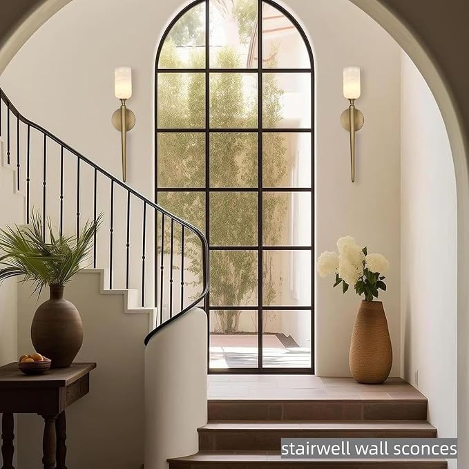 Alabaster Wall Sconces Set of Two, 22in Modern Spanish Natural Marble Bathroom Vanity Sconces, Brass Alabaster Sconce Wall Lighting, Gold Wall Light Fixtures Decor for Bedroom Living Room Staircases