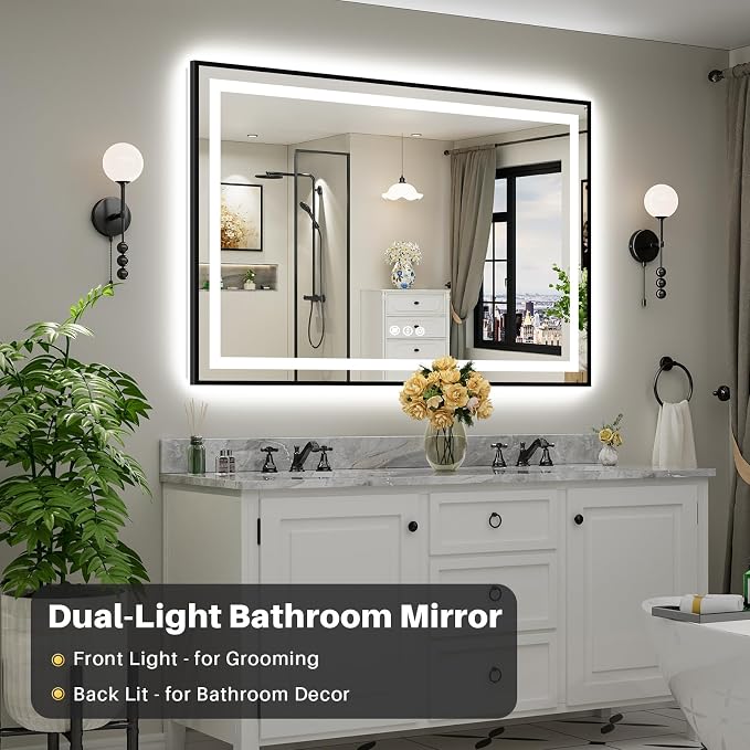 60x40 Inch LED Bathroom Mirror with Black Frame, Backlit & Front Lit | Anti-fog, 3 Color Dimmable, Memory Function, HD Reflection Tempered Glass, ETL Listed, IP54 Waterproof