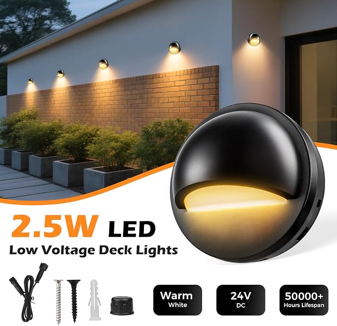 Low Voltage LED Deck Lights Kit with Transformer Timer and Photocell Sensor, IP67 Waterproof Low Voltage Landscape Lighting, Step Lights for Outdoor Walkway Stair Post Railing (8 Pack)