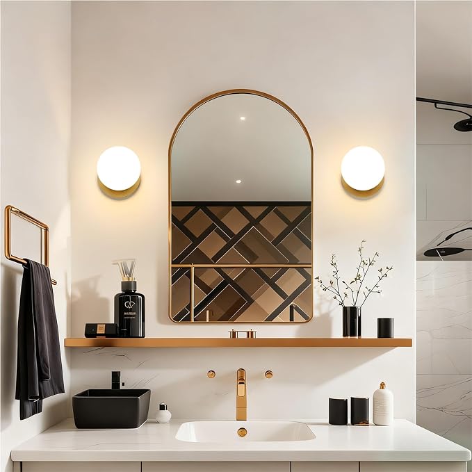1 Pack Gold Wall Sconce, Modern Bathroom Sconce with Milky Globe Glass, Wall Light for Bathroom Mirror, Living Room, Hallway (Bulb Not Included)