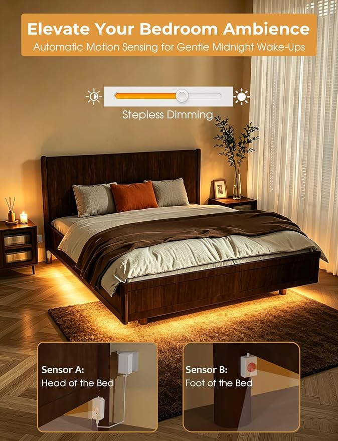 Smart Plug-in Dual Motion Sensor COB LED Strip Light for Under Bed, Under Cabinet, Hallway, Closet, 19.6ft APP Control, 3000K Warm White