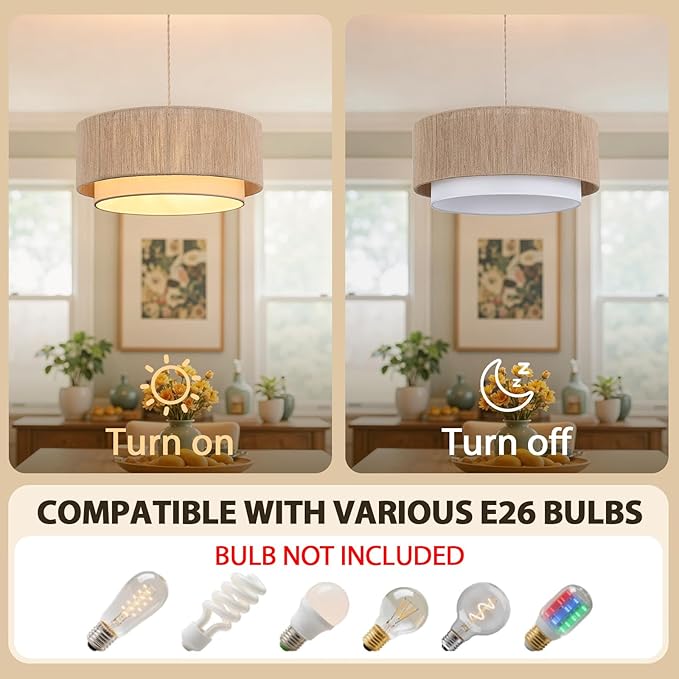 Plug in Pendant Light, 18” Rattan Plug in Chandelier with 15.7FT Light Cord, Hanging Light with Handwoven Hemp Rope Lampshade for Living Room Bedroom Kitchen