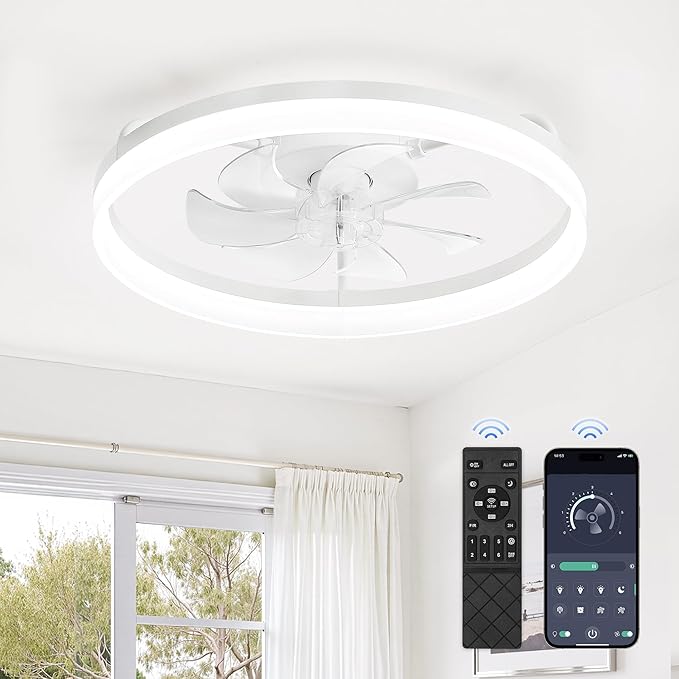 LEDIARY 20" Low Profile Ceiling Fans with Lights, APP & Remote, White | Flush Mount, Dimmable LED, Quiet DC Motor, Reversible, 6 Speeds, Fandelier, for Bedroom
