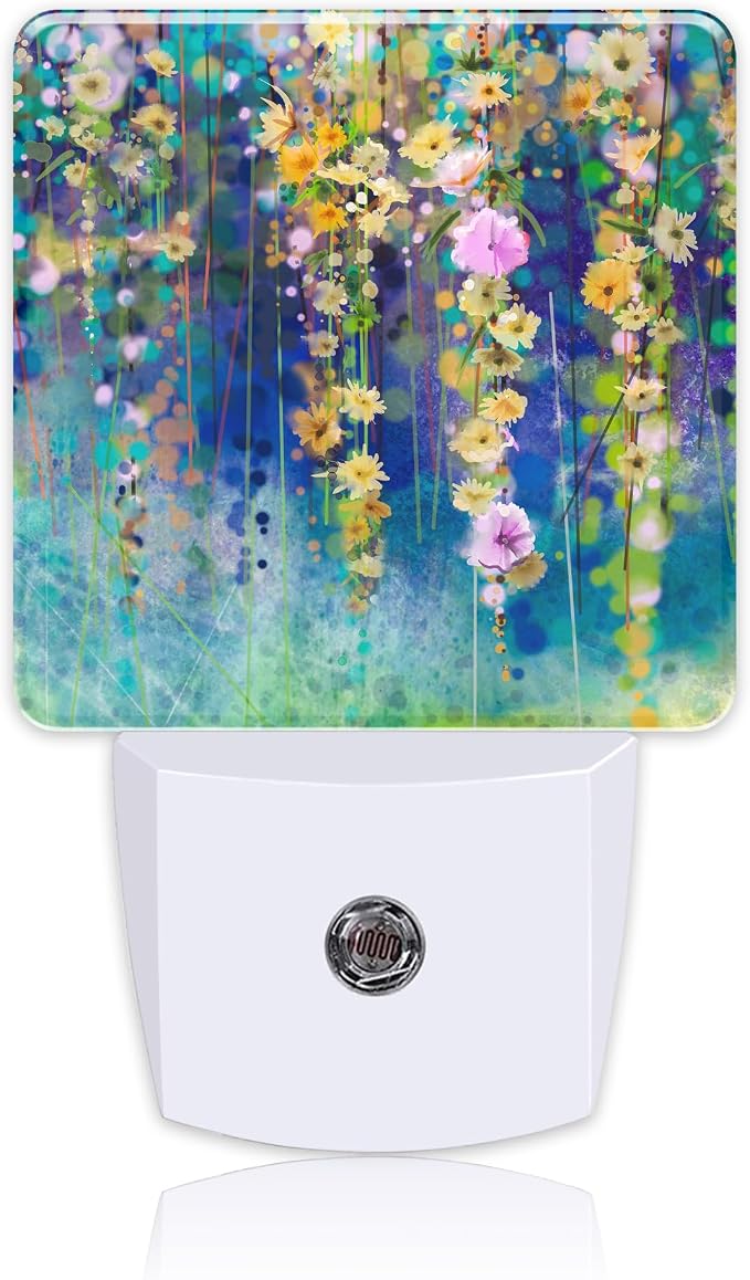Abstract Ivy Flowers Watercolor Painting Night Light Plug into Wall with Dusk to Dawn Sensor Cute Nightlight for Kid Girls Boys Women Room Decor, Hallway, Kitchen, Bathroom, Nursery, Stairs