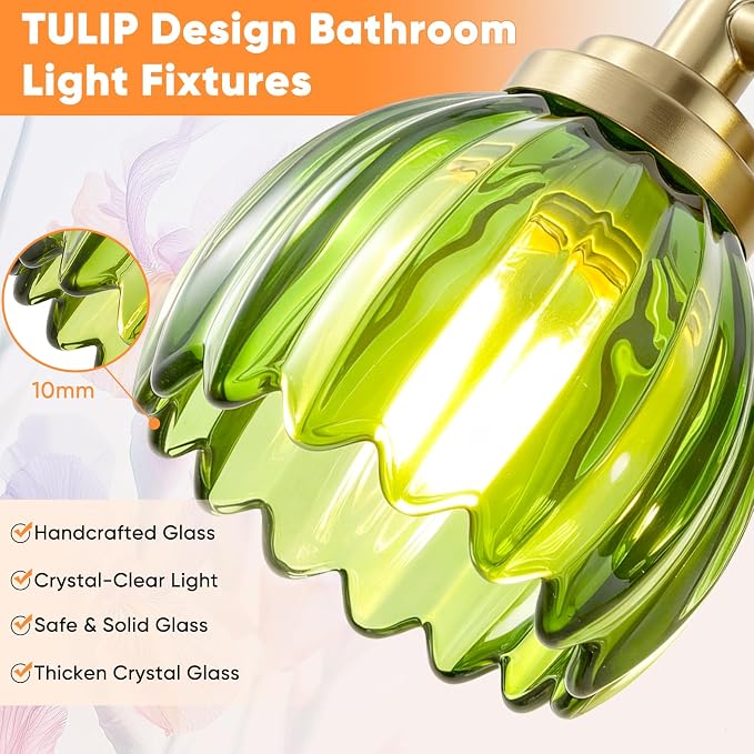 Bathroom Light Fixtures, 3-Light Brushed Gold Vanity Lights for Bathroom with Tulip Green Glass Shade, Bathroom Vanity Lighting Over Mirror, Gold Wall Lamps for Bedroom, Living Room, Hallway