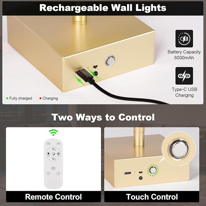Battery Operated Wall Sconce, 3000K-6000K Dimmable Gold Wall Lights with Remote Control, Timable LED Wireless Wall Sconces, 350° Ratate for Bathroom, Living Room, Hallway 39.4 Inch 1 Pack