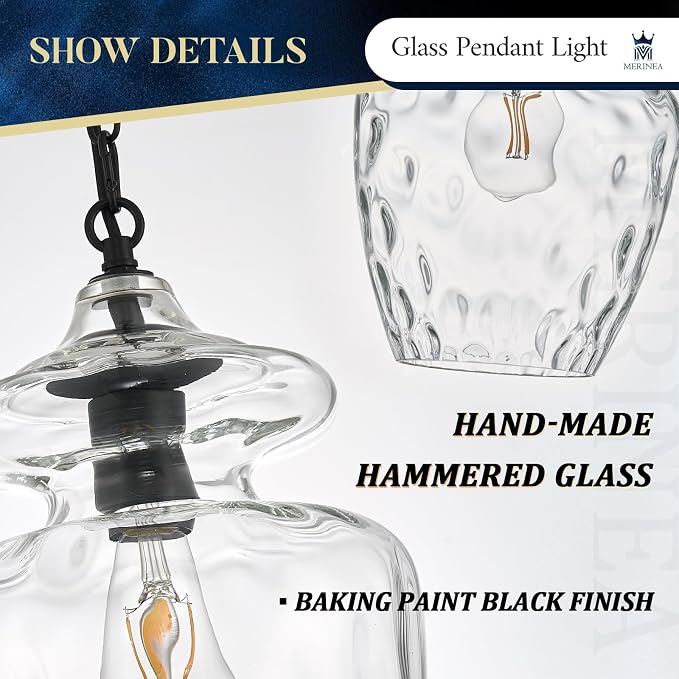 Farmhouse Black Glass Pendant Lighting for Kitchen Island, Modern 9" Hanging Light Fixture for Dining Room Kitchen Sink Entryway Hallway Bedroom, E26 Base