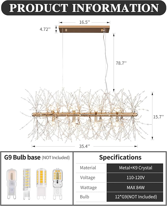 Modern 35.4" Modern Gold Crystal Firework Chandelier, 12-Light Pendant Light Fixture, Rectangle Linear Sputnik Dandelion Chandeliers for Dining Room Kitchen Living Room