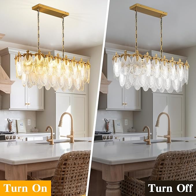 Rectangular Crystal Glass Dining Room Chandelier, 8 Light Gold Chandeliers Lighting Fixture, L33.5'' Height Adjustable Oval Ceiling Pendant Light for Office Coffee Over Table Kitchen Island