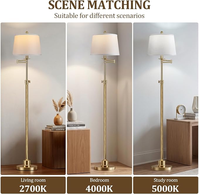 Vintage Floor Lamp for living room, Brushed Antique Brass Farmhouse Standing Lamp with 350° Swivel Swing Arm, 56.6''-66'' Mid Century Modern Height Adjustable Tall Lamp for Bedroom (LED Bulb Included)