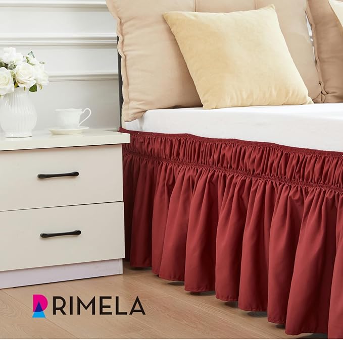 RIMELA Wine Red Bed Skirt King Size 15 Inch Drop, Elastic Bed Skirting for Bed Base and Frame, Bedding Dust Ruffle, Lightweight Wrap Around Adjustable Bedskirt, Cal King, Christmas Bedroom Decor