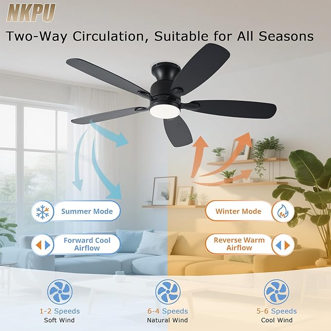 52inch Black Ceiling Fans with Lights, Low Profile Ceiling Fan with Light and Remote/APP Control, Reversible DC Motor, Noiseless, Dimmable, Flush Mount Ceiling Fan for Bedroom Living Room Patios