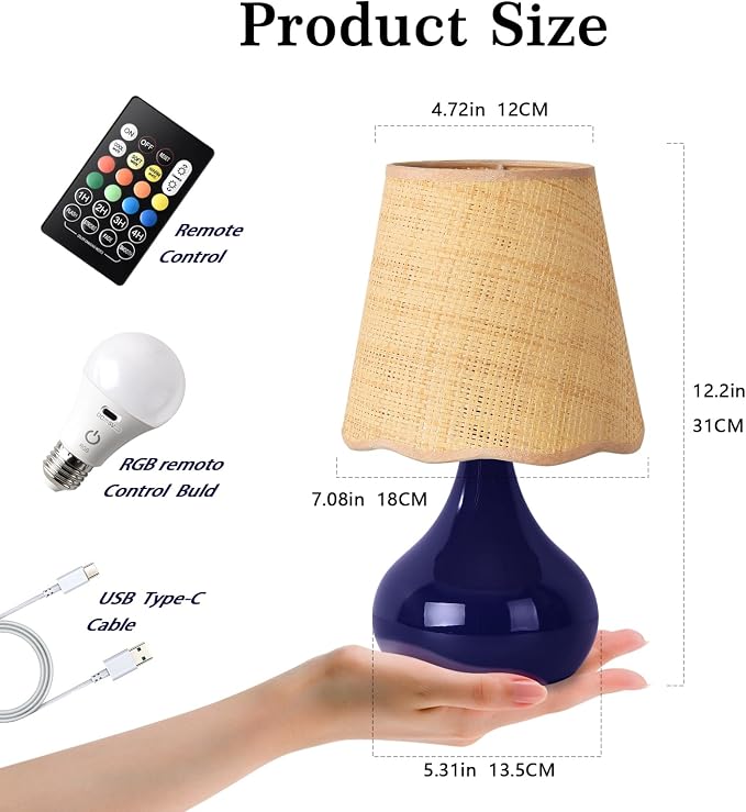 Cordless Table Lamp Rechargeable, Navy Blue Mini Bedroom Lamps for Bedside Nightstand, Rattan Shade Small Table Lamps for Small Spaces for Kitchen Counter, Bookshelf, Home Office, Living Room, Dorm