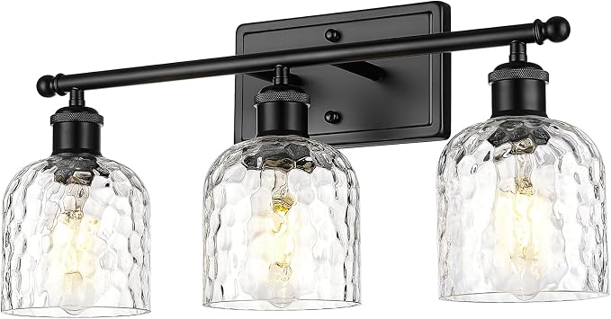 zeyu Bathroom Black Vanity Light, 21'' Black Bathroom Light Fixture 3 Light, Modern Vanity Lamp with Clear Hammered Glass, ZJF63B-3W BK