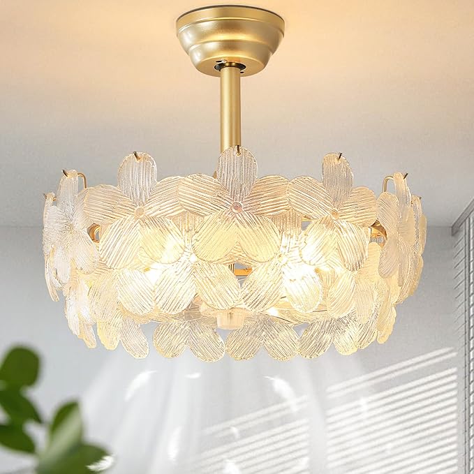 20'' Fandelier Ceiling Fans with Lights, Gold Caged Ceiling Fan with Remote Low Profile, 6 Speed and Petal, Modern Semi Flush Mount Ceiling Fan for Bedroom, Living Room, Nursery