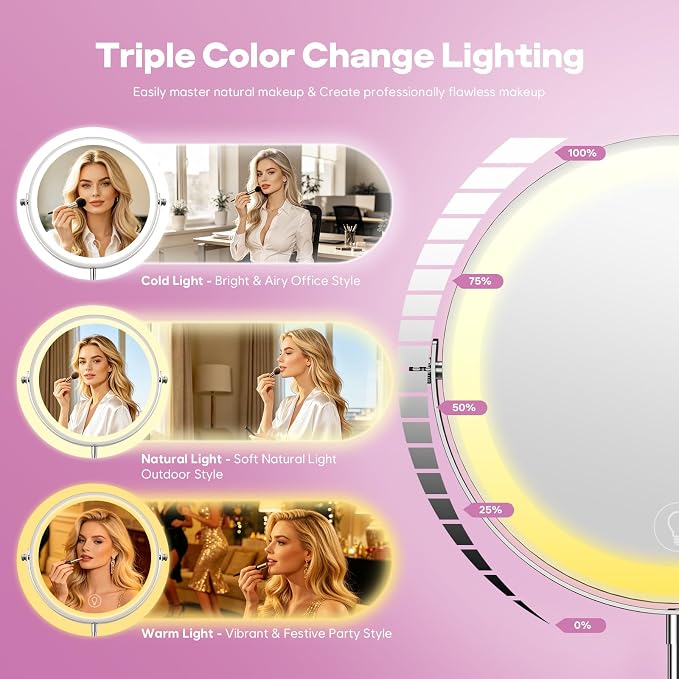 1X/30X Makeup Mirror with Lights, Brightness Adjustable with 3 Colors, Double Sided Magnifying Mirror with 360° Rotation, Lighted Makeup Mirror with Magnification, Ideal Gift for Women