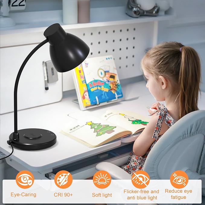 LED Desk Lamp for Home Office with Wireless Charger, Matte Black | 3 Color Modes Dimmable Eye-Caring Study Reading Dorm Desk Lamp, 360° Flexible Arm Table Lamp for College Dorm Room, 800 Lumen