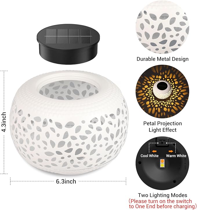 Solar Lanterns Outdoor Waterproof Lights: 2Pack White Hollow Out Metal Table Light, Outside Garden Yard Balcony Indoor Tabletop Lighting Decorations, Unique Gardening Gifts for Women Mom