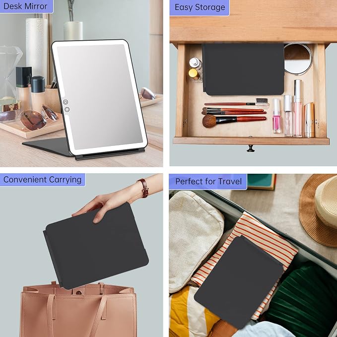 FUNTOUCH 2500mAh 10x7.5 Portable Large Travel Makeup Mirror with Light | Rechargeable Lighted Travel Makeup Mirror with 3 Color Lights,Dimmable Folding Light Up Make up Mirror with Small 10x Mirror