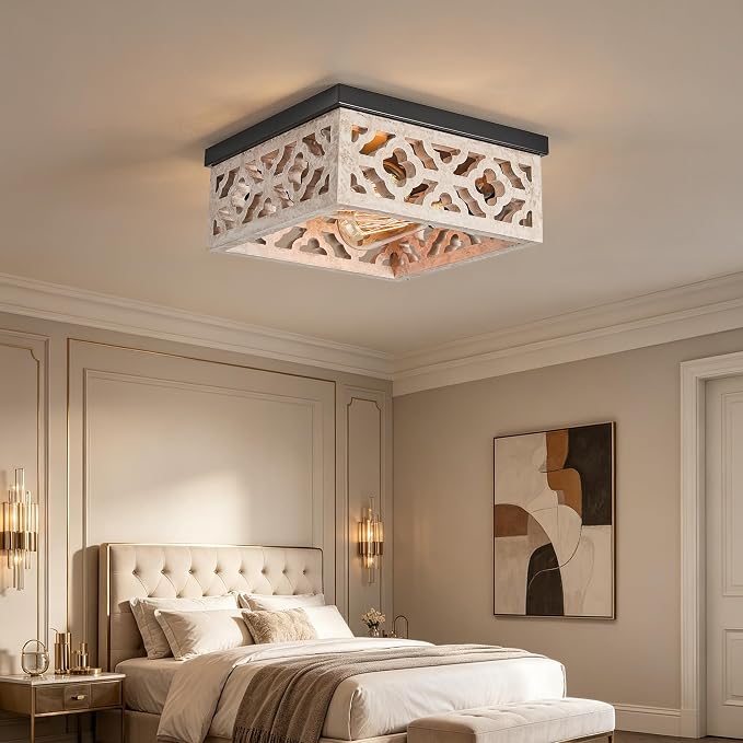 Tarentlight Farmhouse Flush Mount Ceiling Lights, Matte Black Metal & Distressed White MDF Vintage Close to Ceiling Light Fixtures for Kitchen Bedroom DiningRoom Hallway Entryway Foyer Closet Laundry