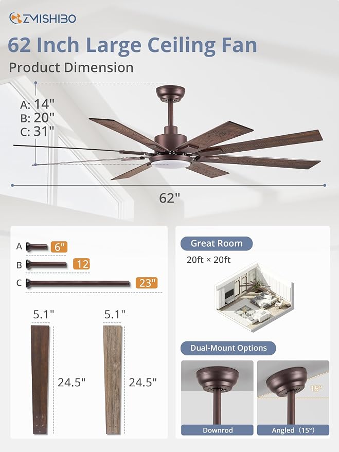 ZMISHIBO 62” Farmhouse Ceiling Fan with Light, Remote Control, Oil Bronze | High CFM Powerful Airflow, Quiet DC Motor, 24W 3 CCT LED, Indoor/Covered Outdoor, Dual-Finish, Damp Rated, Rustic