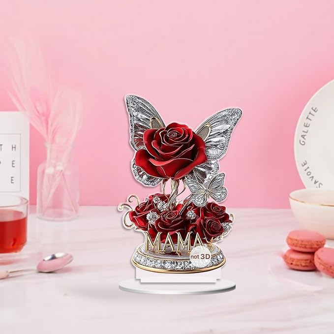 Mother's Day Decor Rose Flower Ornaments 2D Acrylic Desktop Ornament Rhinestones Butterfly Designs DIY Crafts Decoration Gift Mothers Day Flat Ornament for Home Tabletop Decor