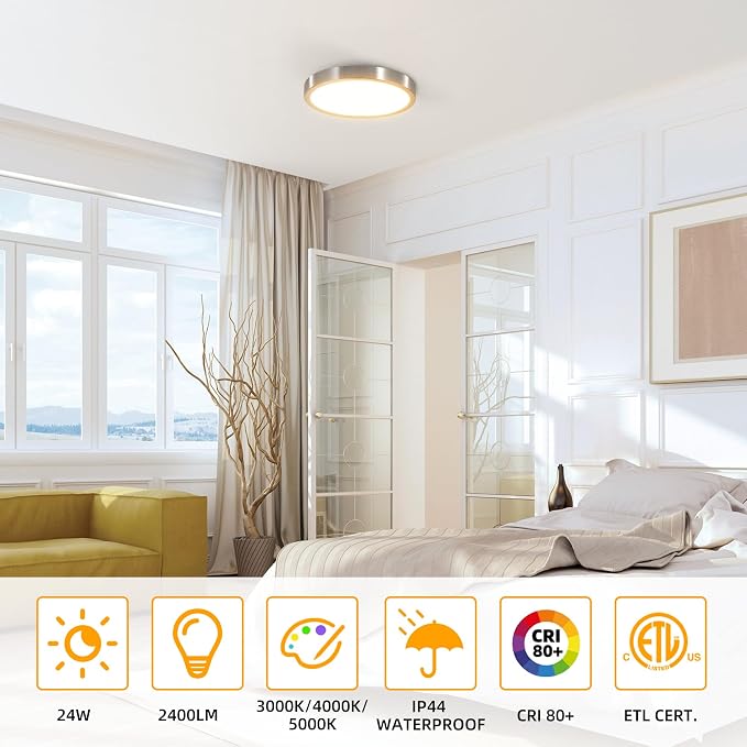 Hlite 12 Inch Flush Mount LED Ceiling Light,2400LM,3CCT,4 Pack | 24W 3000K/4000K/5000K Selectable,Low Profile Ceiling Light Fixtures for Kitchen Bedroom Hallway Laundry Room Closet,Nickel