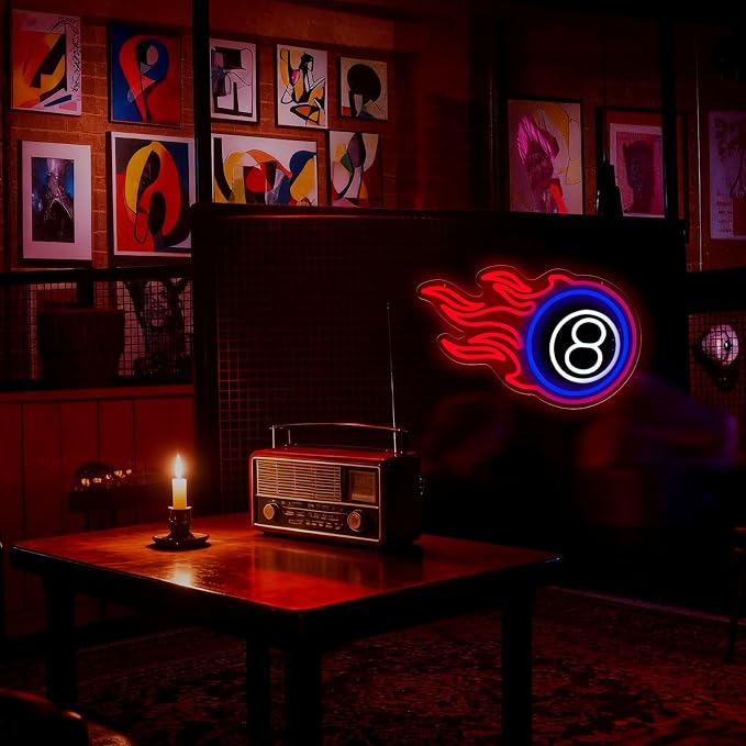 Billiard Neon Sign 8 Ball Sign Dimmable LED Pool Room Wall Decor | USB Powered LED Flame Pool Sign for Game Room Bar Man Cave Club Basement Party Pool Player Decor Billiard Lover Lounge Decor