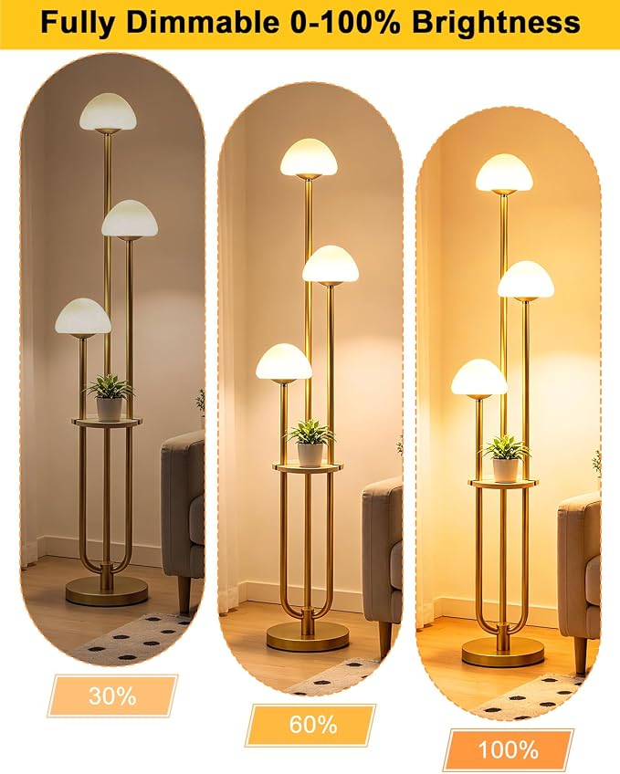 Gold Dimmable Floor Lamp with Table Modern Floor Lamps with 5Lbs Heavy Base for Living Room 3000K Tall Standing Lamp with Mushroom Shades & Bulbs Included for Bedroom/Office//Sofa Beside/Corner Decor