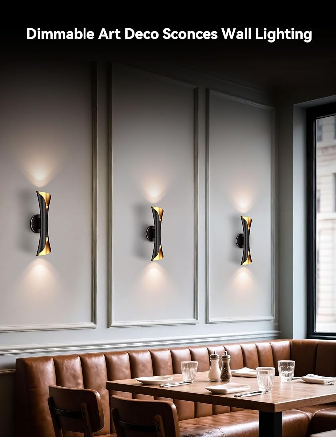 Tubicen Modern Wall Sconces Set of 2 Up and Down Wall Lights Indoor Dimmable Mid Century Modern Black and Gold Wall Sconces for Bedroom Living Room Home Theater Hardwired 15.7" H