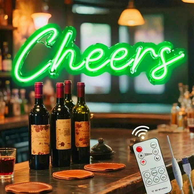 Upgraded Cheers Neon Sign with Timer Remote Control,5V USB Powered Cheers LED Signs for Home Pub,Birthday,Wedding,Bar Cart,Party 16.5 * 7in(Flash/Dimmable/Timmer)