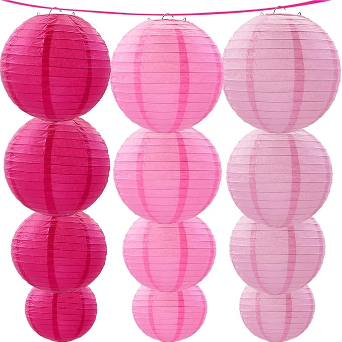 Pink Paper Lanterns 12Pcs Hanging Lanterns for Birthday Party, Wedding, Home Decor, Baby Shower Festive Decoration