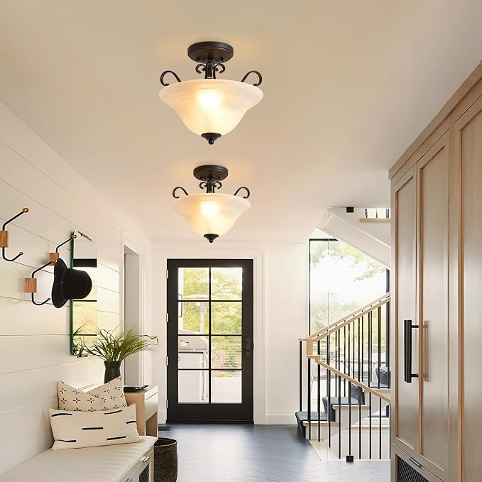 Luvkczc 12" Retro Semi Flush Mount Ceiling Light,Black Ceiling Light Fixture, Mid Century Ceiling Light Modern Glass Close to Ceiling Light for Bedroom Kitchen Porch Hallway,Bulbs Not Included