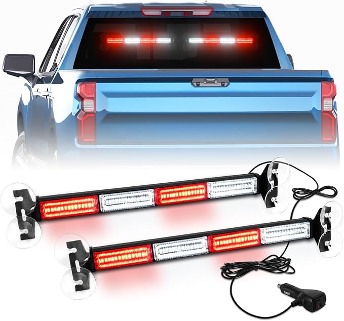2 in 1 Traffic Advisor Light Bar Strobe Flash Light Windshield LED Emergency Strobe Visor Safety Warning Hazard Flashing Lights for Firefighter Police Trucks, 2X 17.7 Red/White