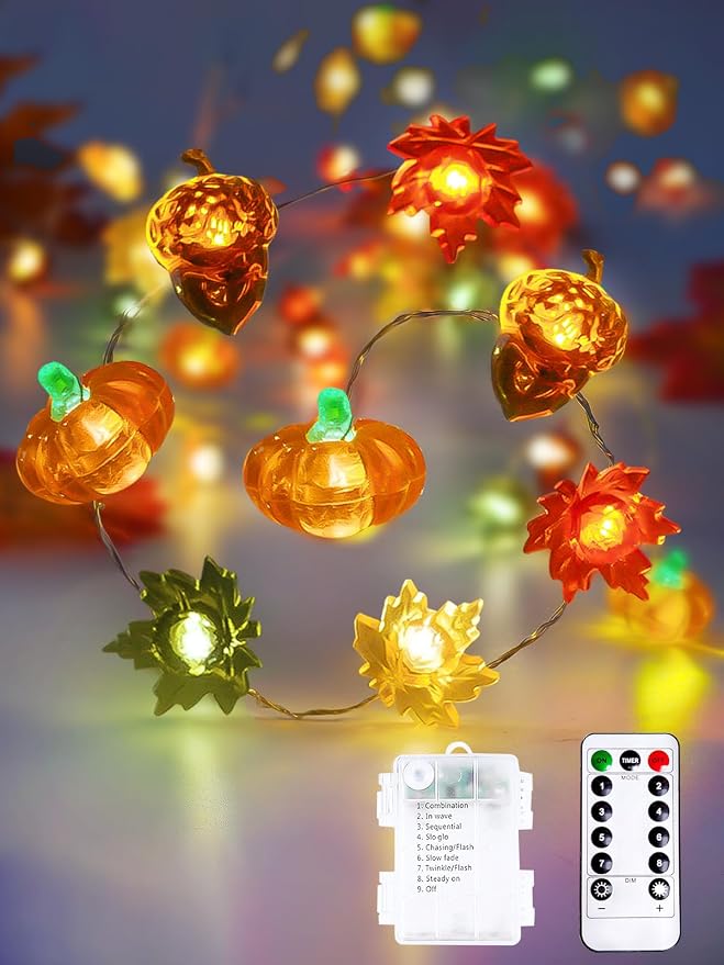 Fall Decor 3D Pumpkin Acorn Maple Leaf Fairy Lights Battery Operated Remote | 10FT 30 LED, 8 Modes & Timer, IP44 Waterproof Twinkle String Lights for Indoor Outdoor Harvest Thanksgiving Halloween Decor
