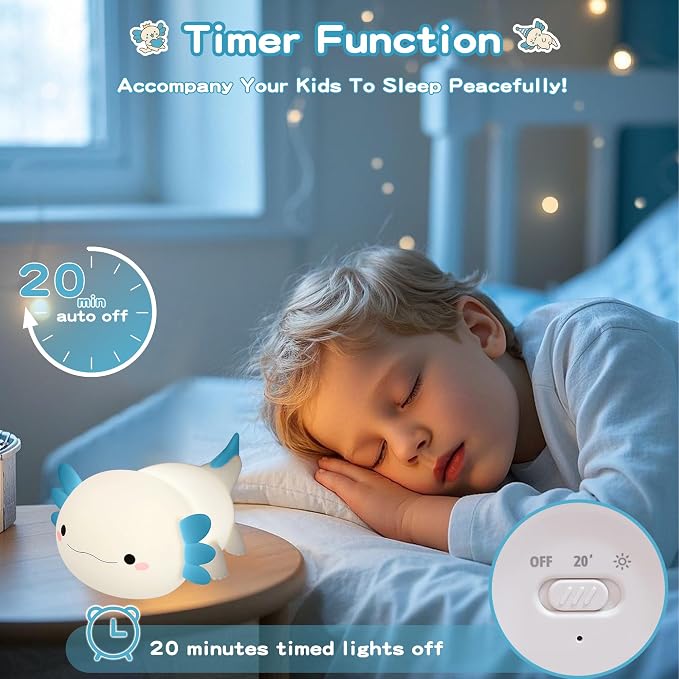 FAMIDUO Axolotl Night Light,Squishy Silicone Bedside Touch Lamp for Kids | Food Grade Silicone Nursery Light,Rechargeable/Dimmable/20Min Timer Axolotl Lamp,Baby Room Decor, Cute Gifts for Boys/Toddler