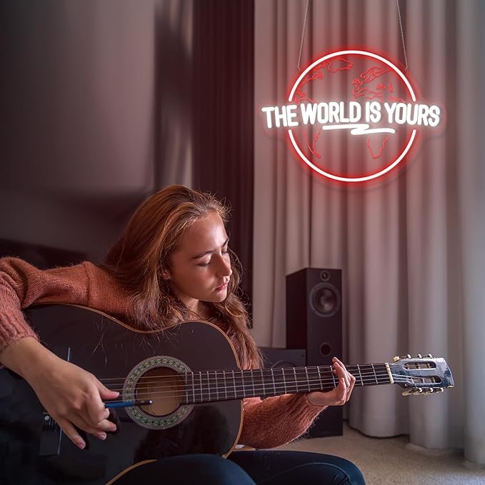 The World Is Yours Neon Sign Carved Planet Adjustable Brightness USB Powered LED Neon Signs for Wall Decor Light Up Signs for Bedroom Classroom Office Man Cave Game Room 41cm*31cm