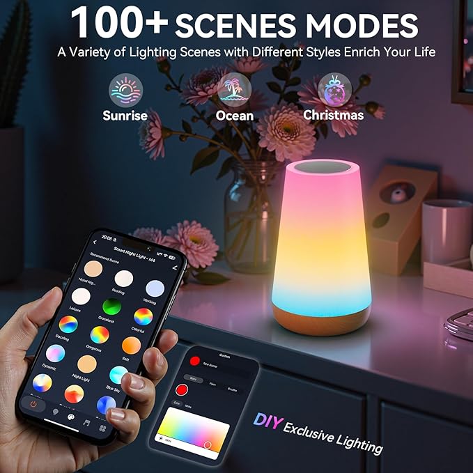 Auxmir Smart Night Light, App/Voice Control Table Lamp with Timer(Corded) | works with Alexa and Google Assistant, touch control, RGB colors and dimmable lighting, 100+ scene modes and music sync