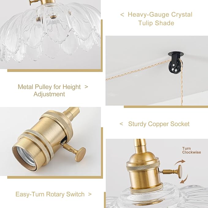 Plug in Pendant Light Fixtures, Hanging Light Fixture Glass Pendant Light, Vintage Transparent Hanging Lamp, Pendant Lighting for Kitchen Island, Bedroom, Dining Room, Living Room