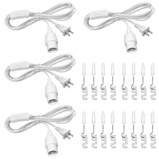 DiCUNO Hanging Lantern Extension Cord Cable, E26 Pendant Light Socket On Off Inline Cord Switch Control Lamp, Switch Close to Polarized Plug, 13 Feet, White, 4-Pack