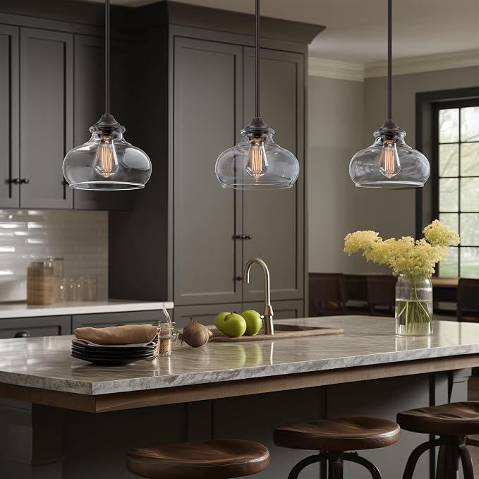Kira Home Harlow 9" Modern Schoolhouse Pendant Light for Ktichen Island | Clear Glass Shades, Industrial Farmhouse Hanging Fixture, Classic Oil Rubbed Bronze Finish