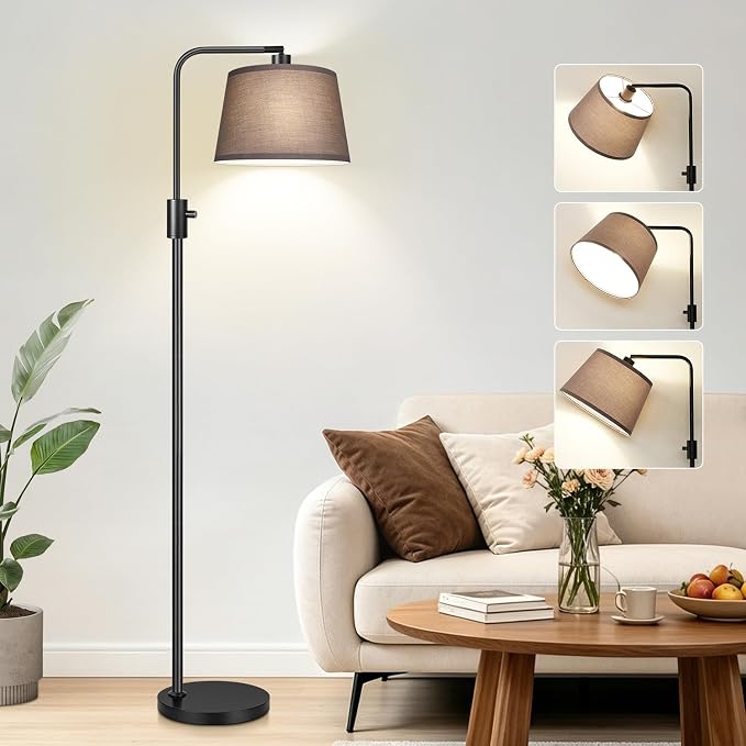 【Upgraded】 Dimmable Black Floor Lamps, 1000 Lumens LED Edison Bulb Included, Arc Black Floor Lamps for Living Room Modern Standing Lamp with Khaki Shade, Tall Lamps for Living Room Bedroom Office